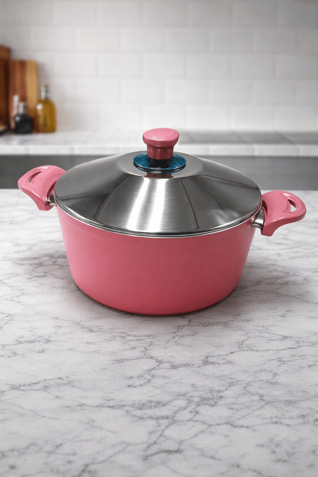 ÜZM 28 CM Döküm Derin Tencere 6 LT Metal Kapaklı 4MM Kalınlık Pembe