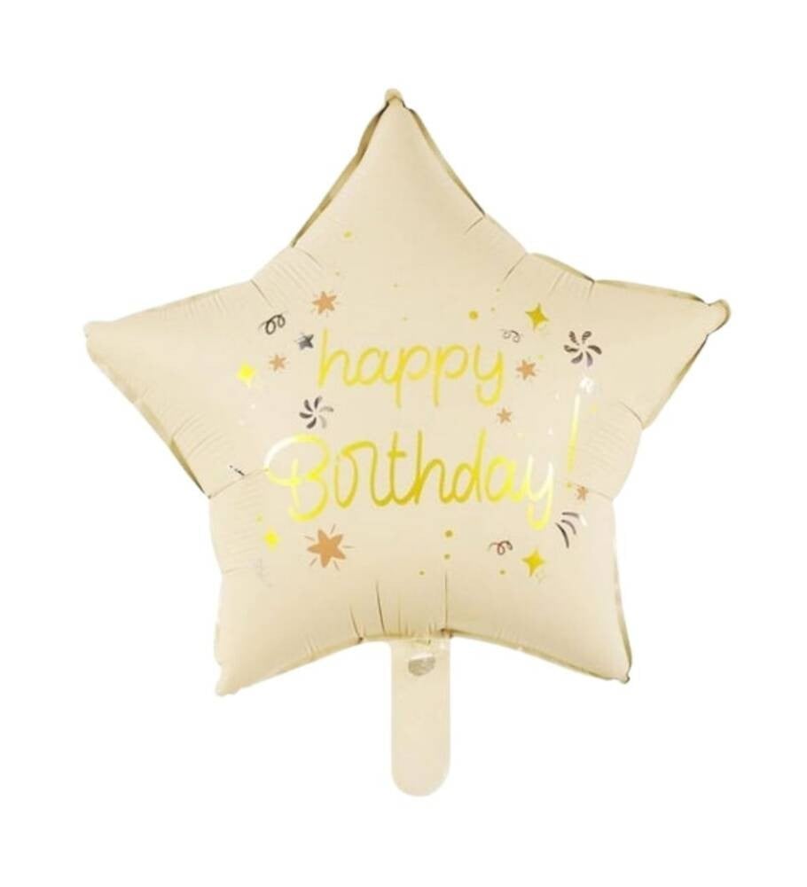 Happy Birthday Yazılı Krem Yıldız Folyo Balon