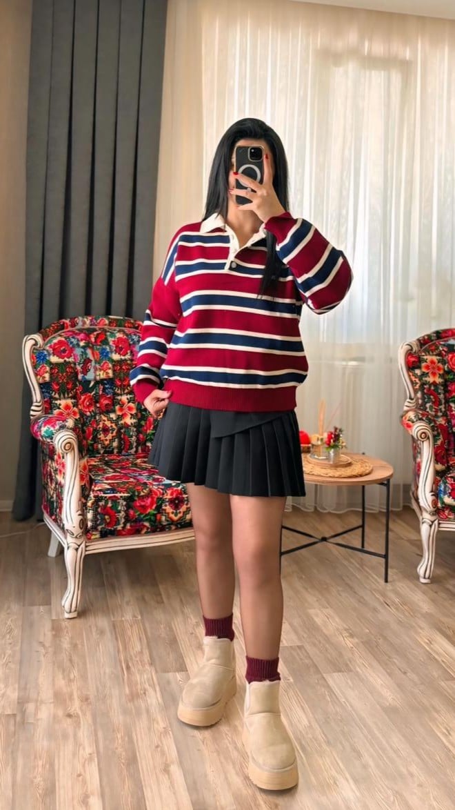 Bordo Çizgili Polo Yaka Kazak
