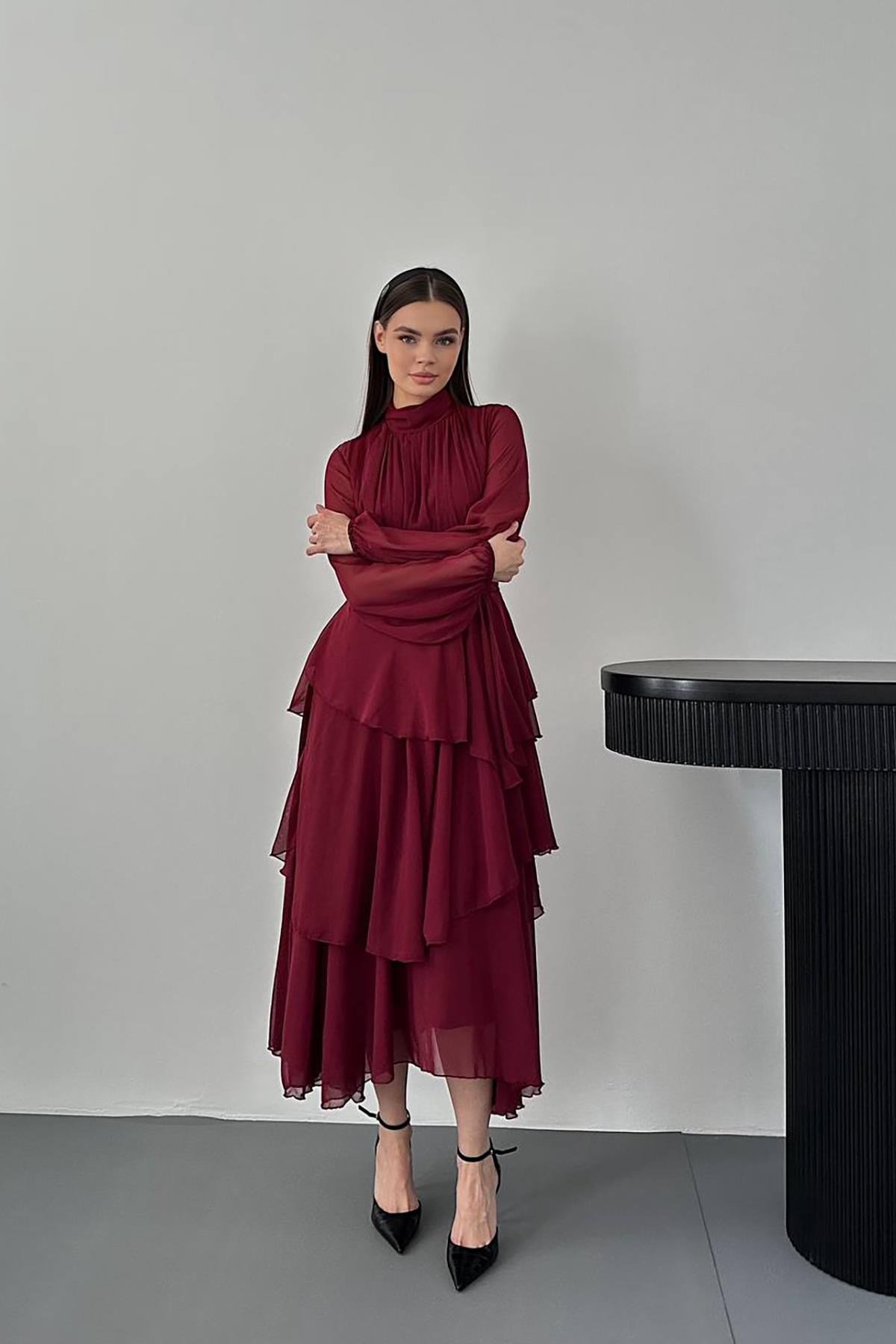 Bordo Bel Detaylı Elbise
