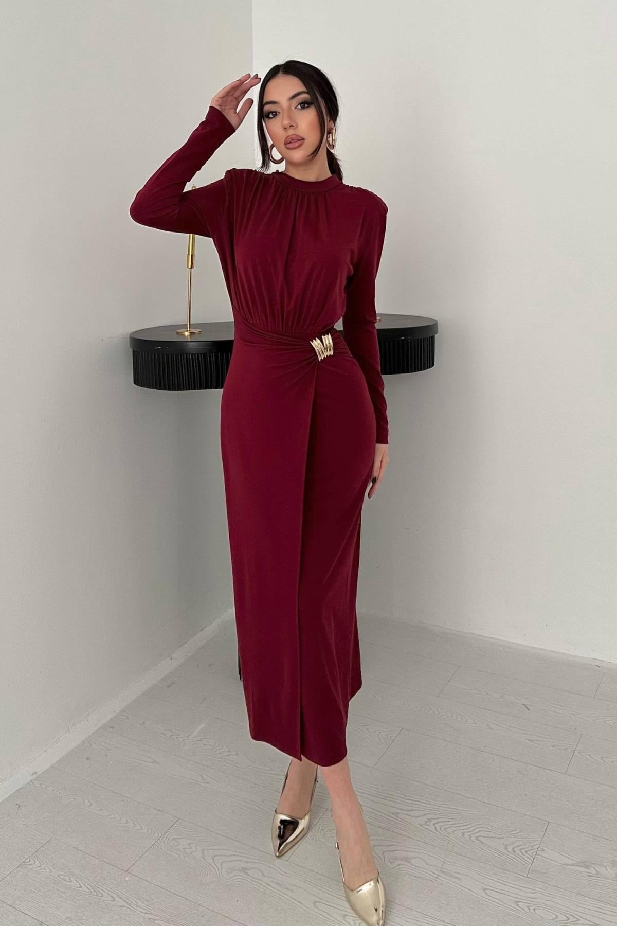Bordo Beli Tokalı Elbise