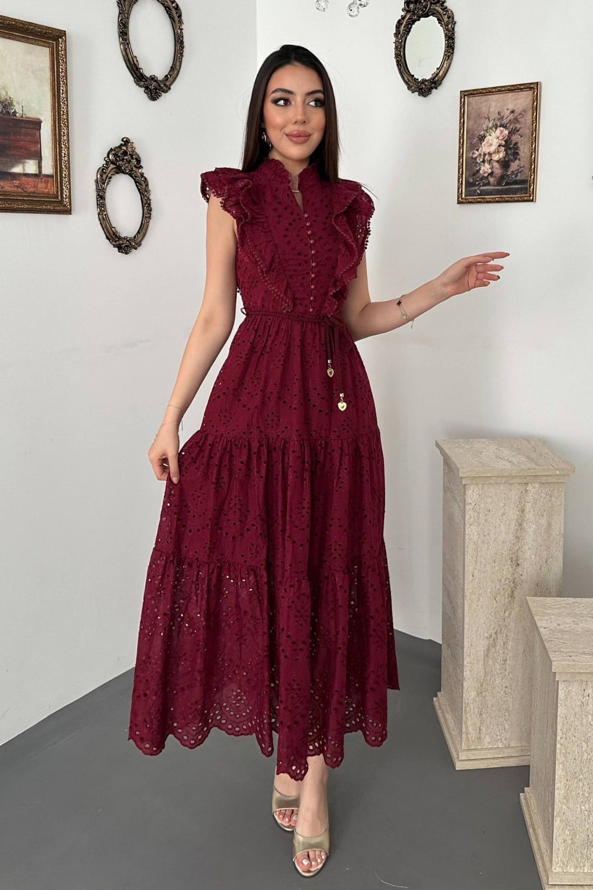 Bordo Fırfırlı Düğmeli Elbise