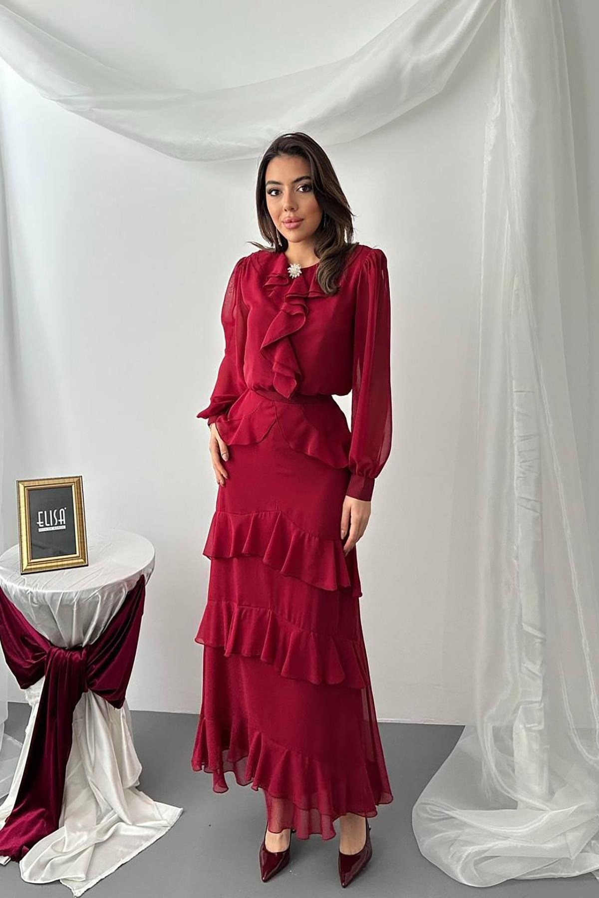 Bordo Fırfırlı Şifon Takım