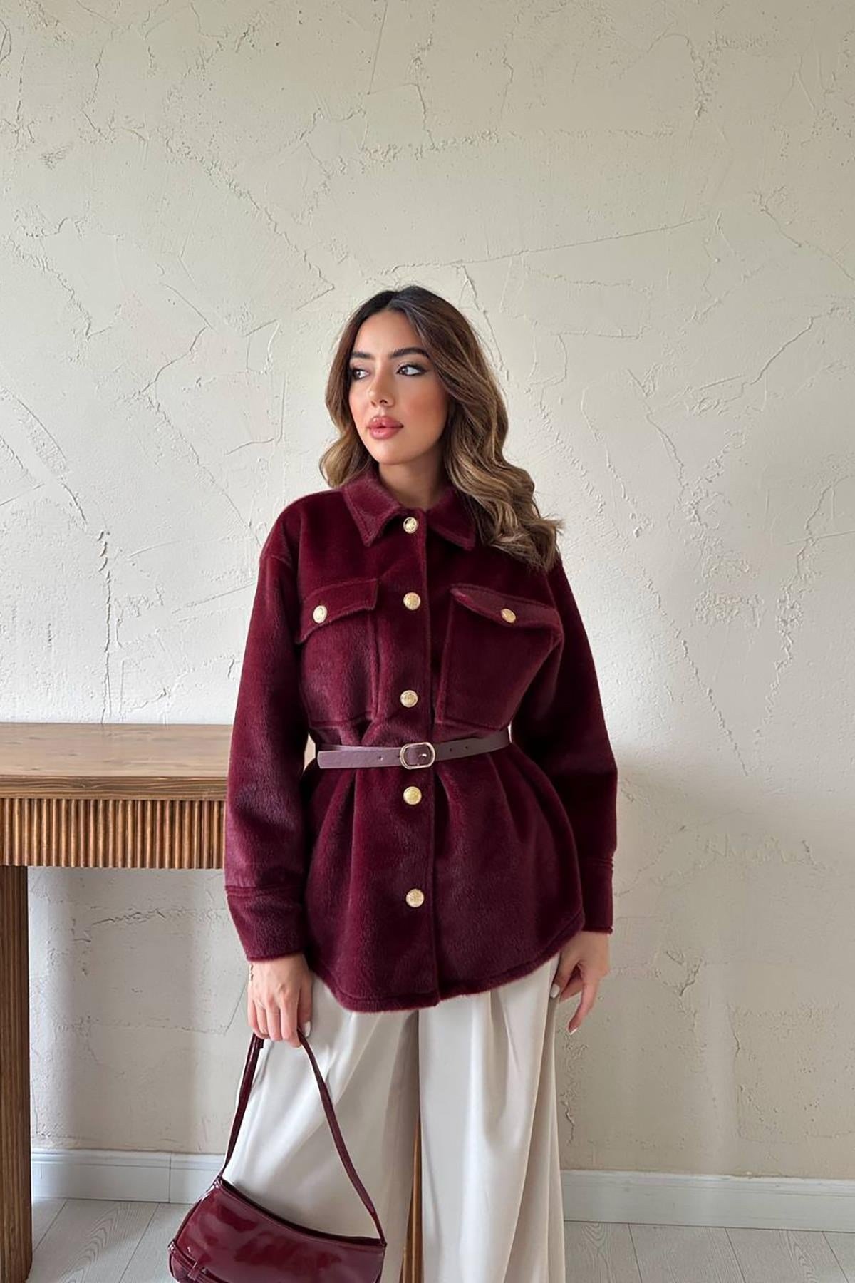 Bordo Kaşe Gold Düğmeli Gömlek