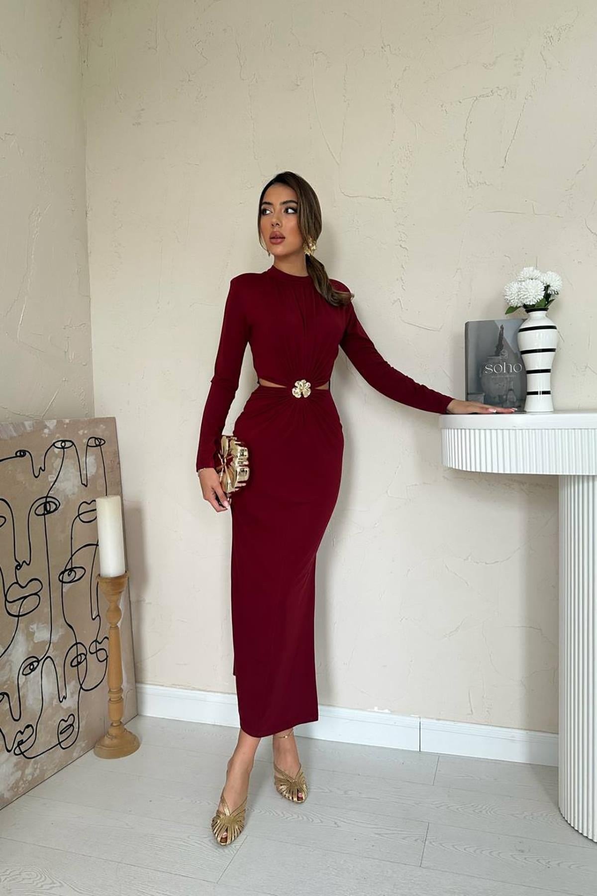 Bordo Pencere Detaylı Büzgülü Elbise