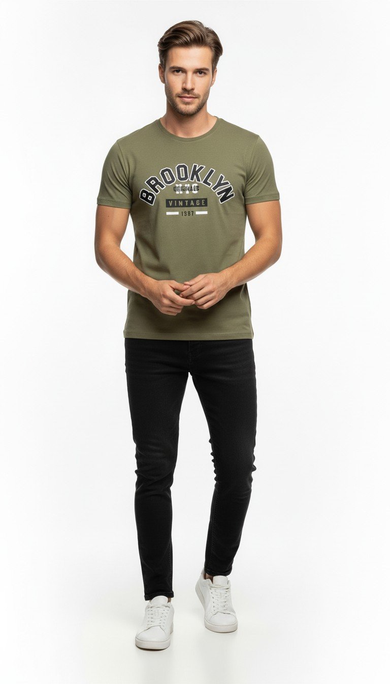 Brooklyn Vintage Baskılı Erkek Günlük T-Shirt Spor Kesim