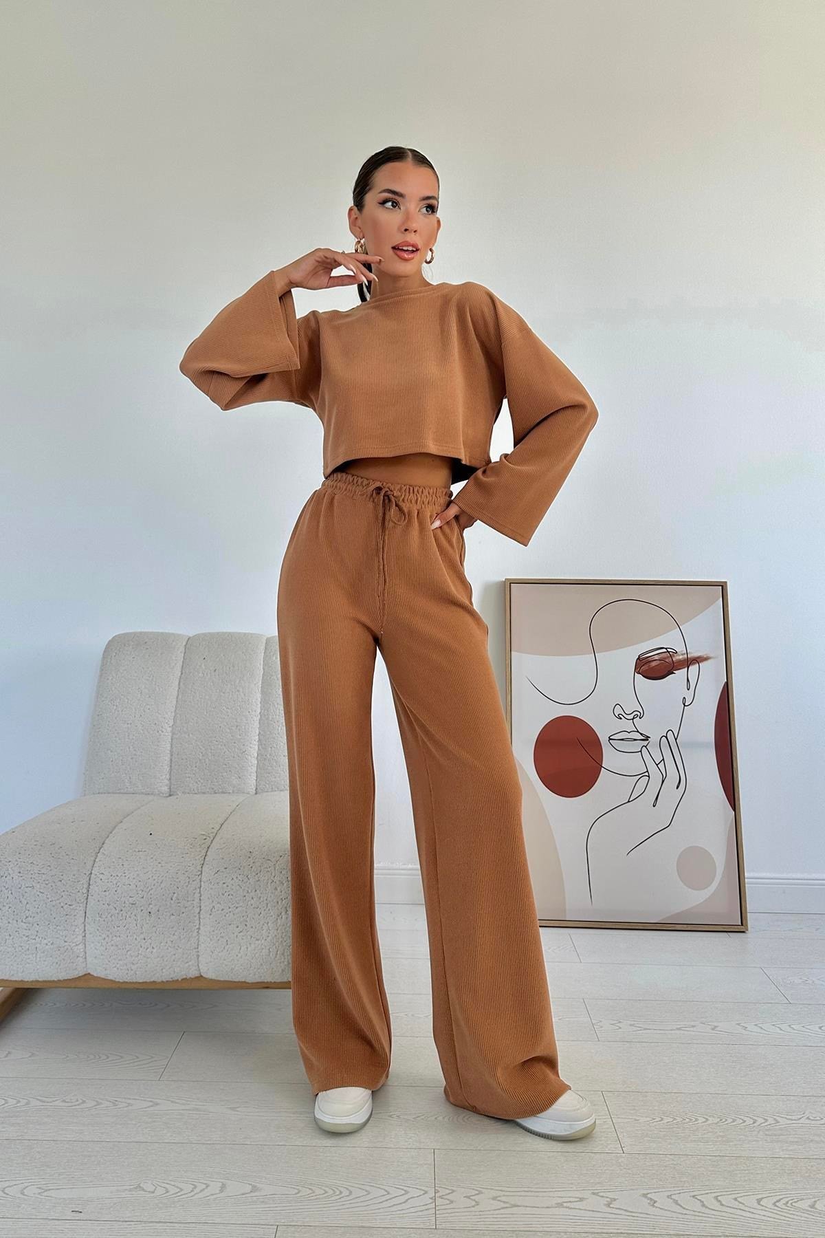 Camel Fitilli Bluz Ve Pantolon Takım