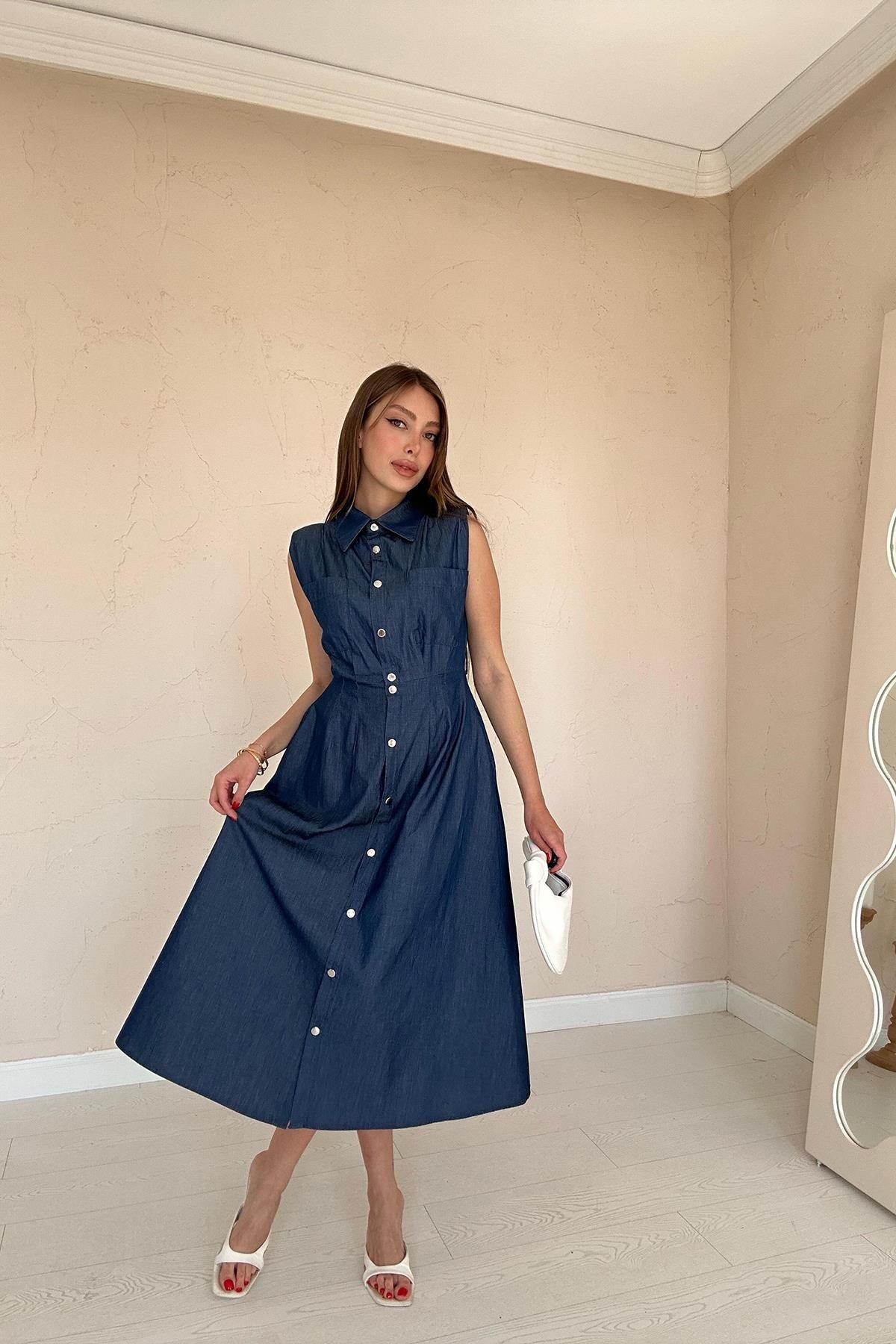 Mavi Tencel Çıtçıtlı Elbise