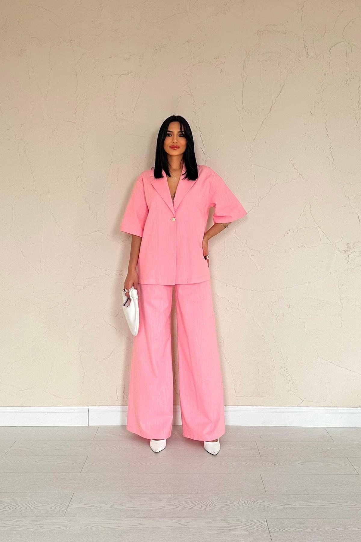 Pembe Önü Tek Düğmeli Ceket Pantolon Takım
