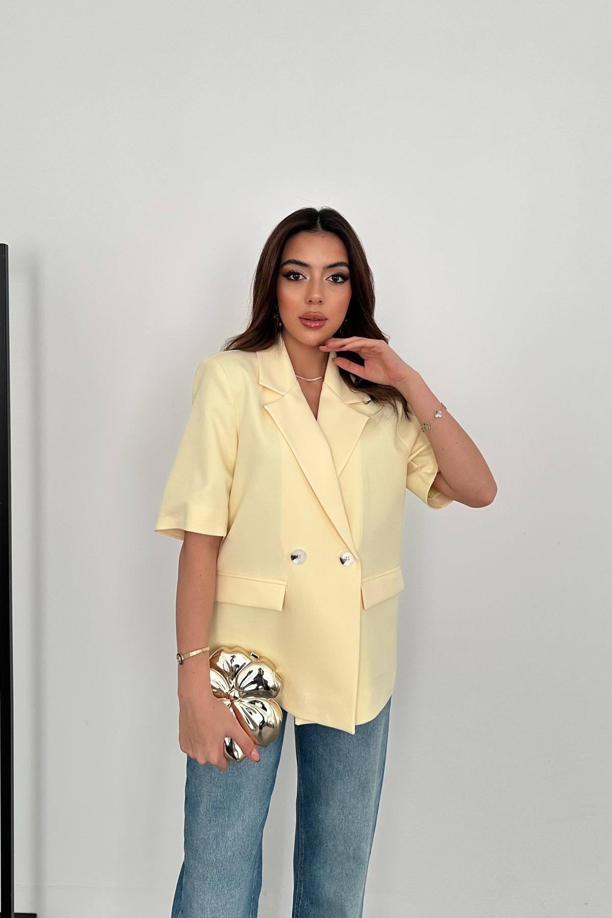 Sarı Kısa Kollu Blazer Ceket
