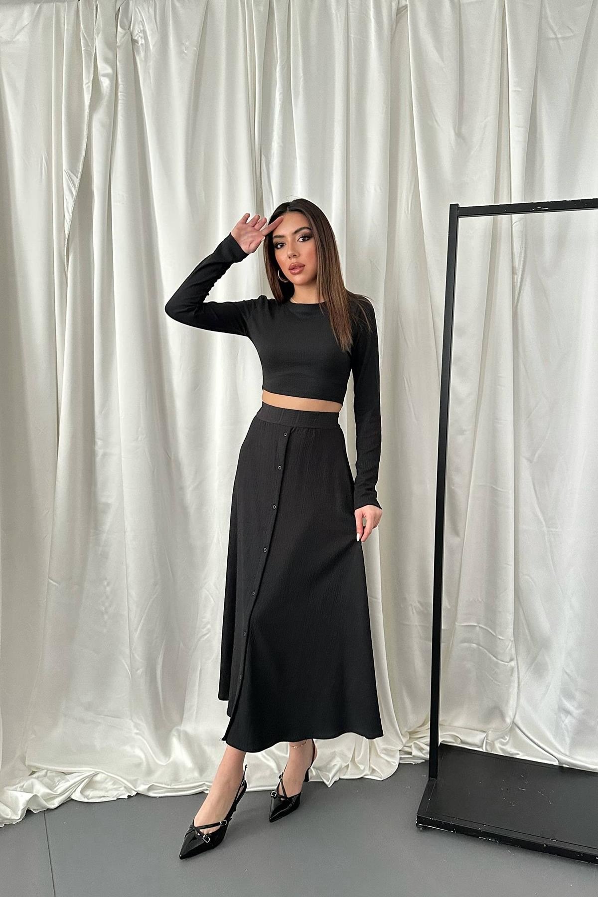 Siyah Fitilli Bluz & Etek Takım
