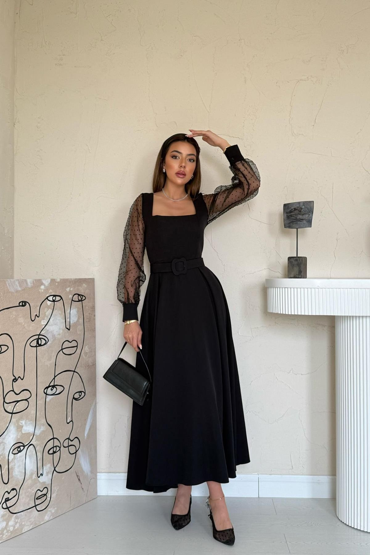 Siyah Kolları Organze Kuplu Elbise