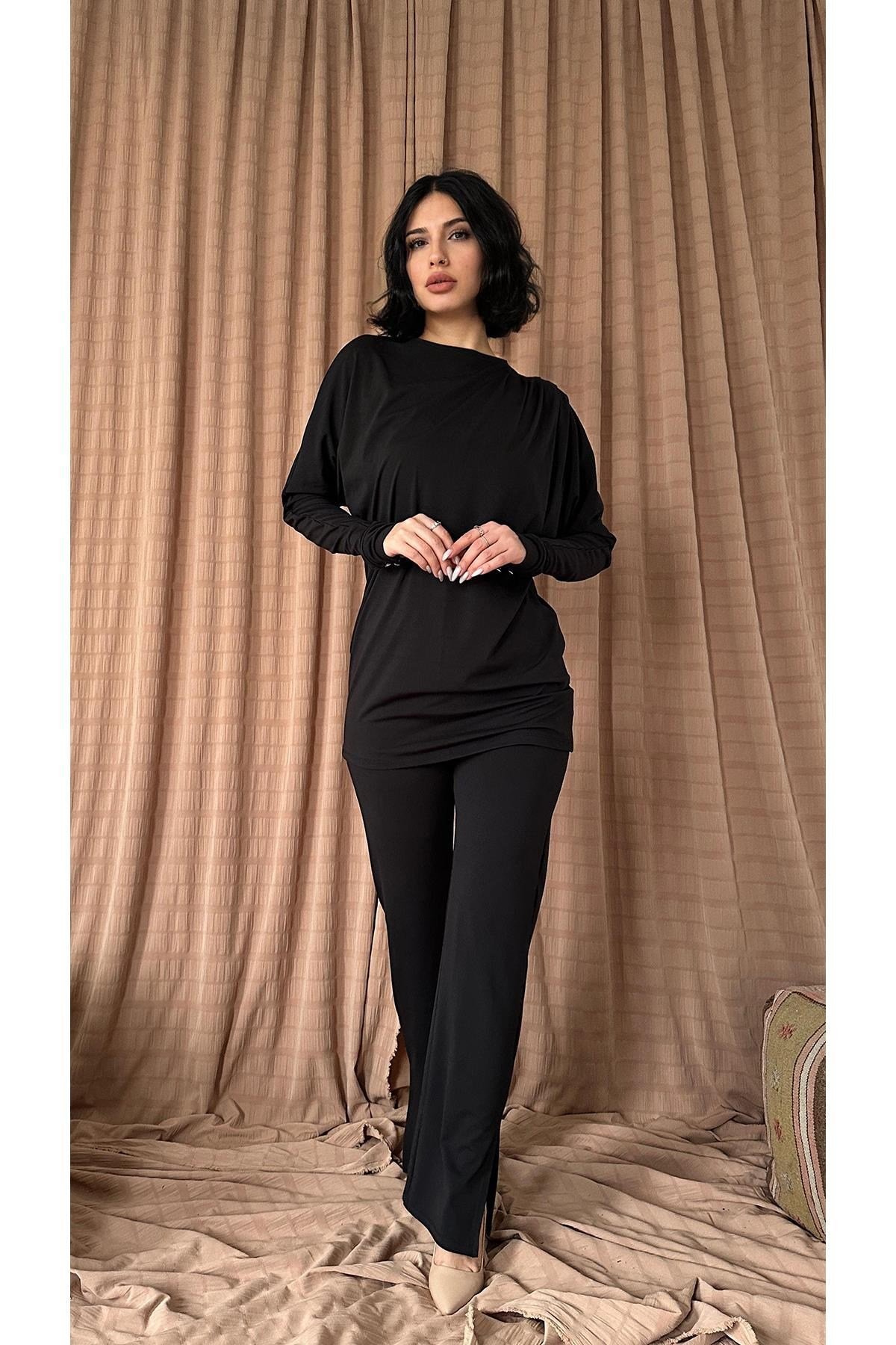Siyah Pile Detaylı Bluz Ve Pantolon Takım