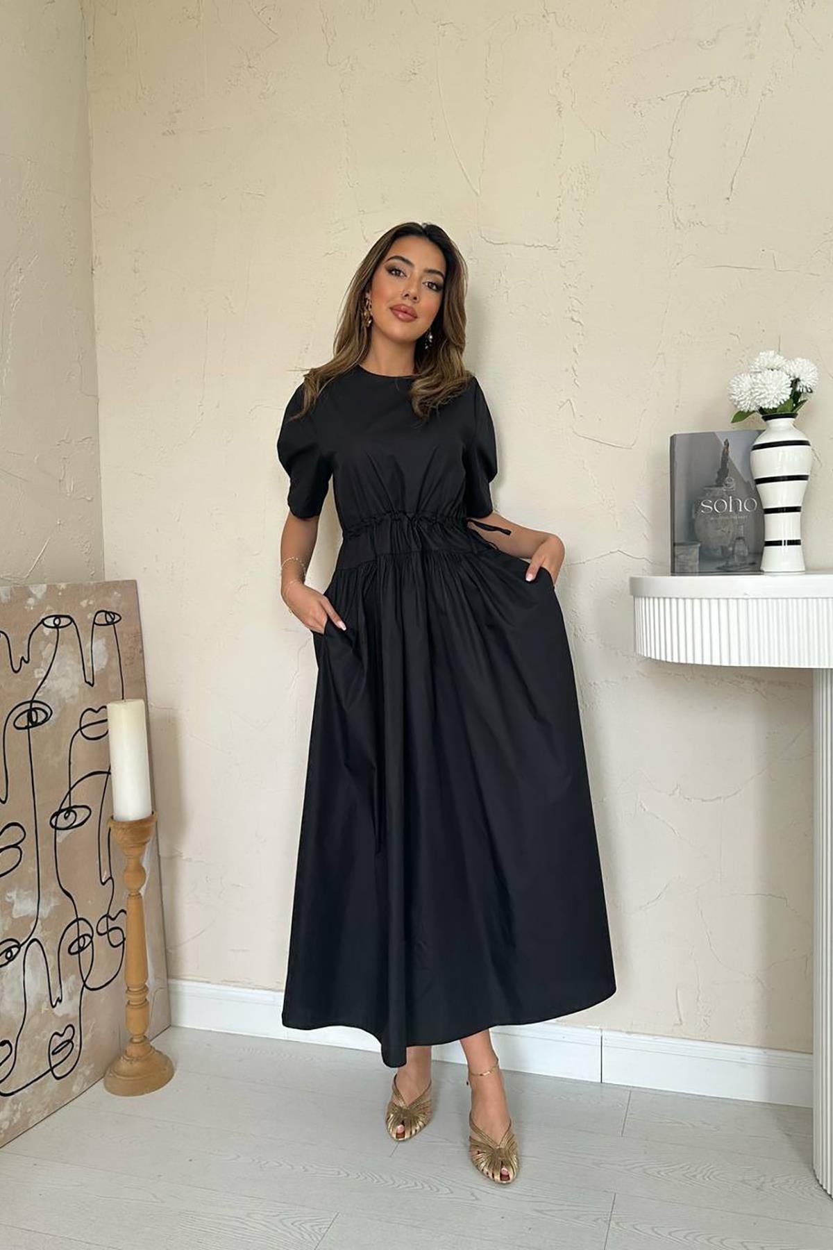 Siyah Tünel Detay Poplin Elbise