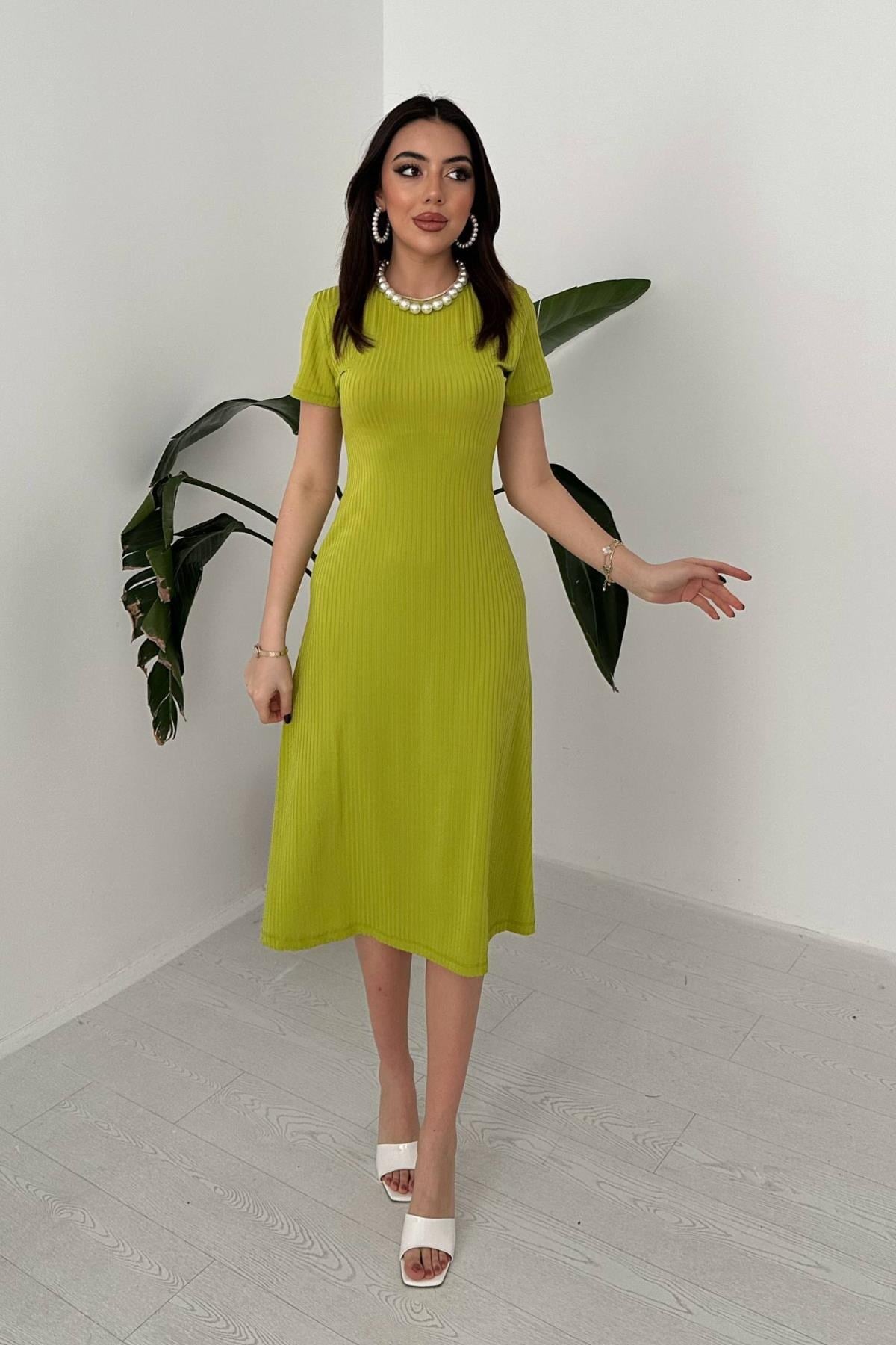 Toptan Yeşil Basic Fitilli Midi Elbise
