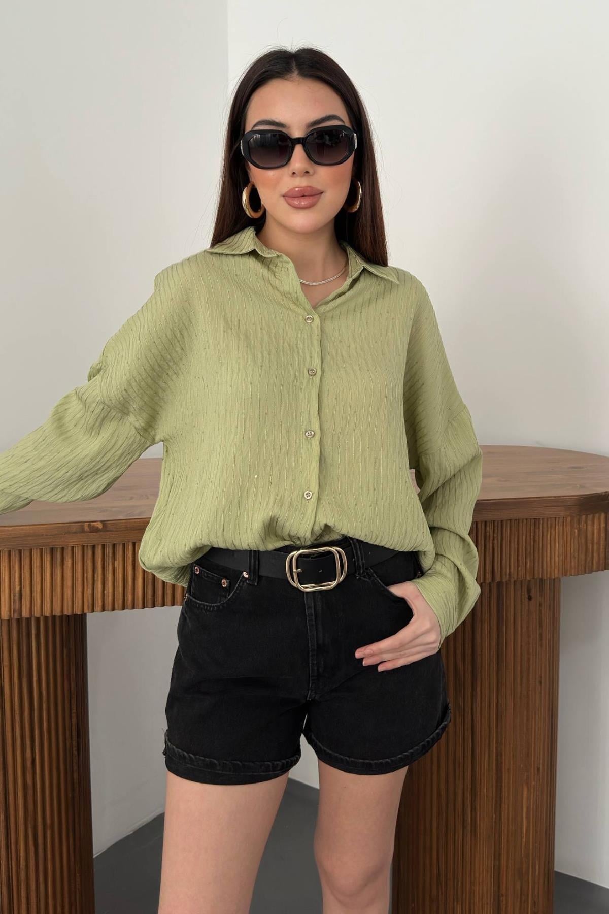 Toptan Yeşil Nakışlı Oversize Gömlek