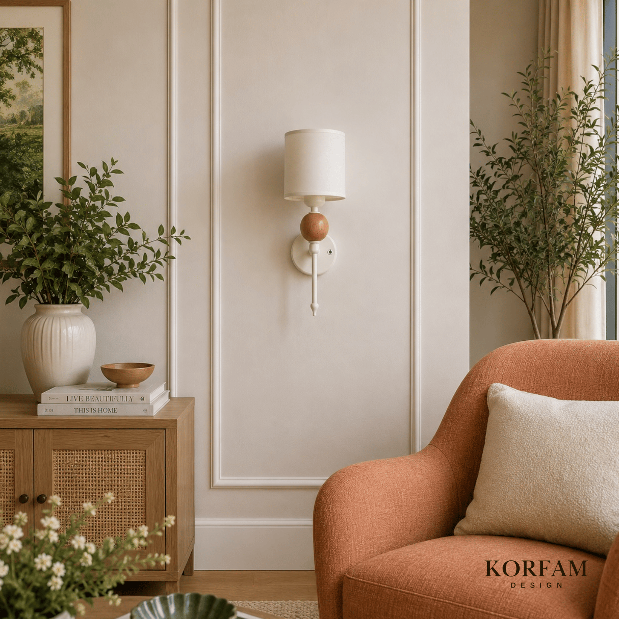 Beyaz Pvc Kumaş Başlık Ahşap Top Detaylı Kablosuz Pilli Aplik