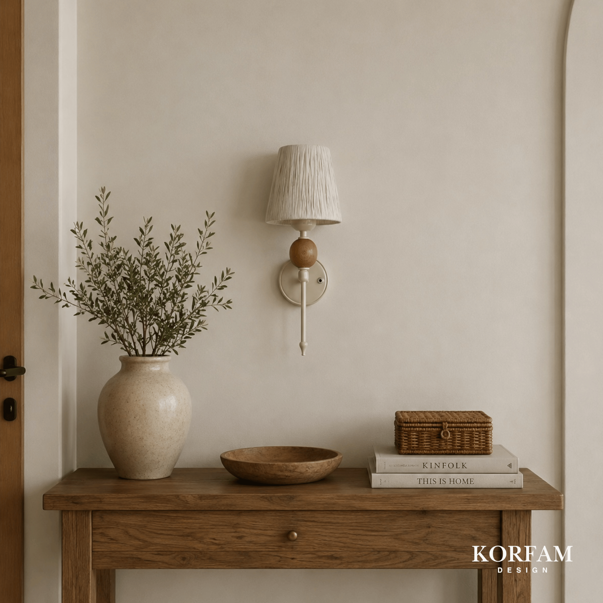 Beyaz Rafya Başlık Ahşap Top Detaylı Kablosuz Pilli Aplik
