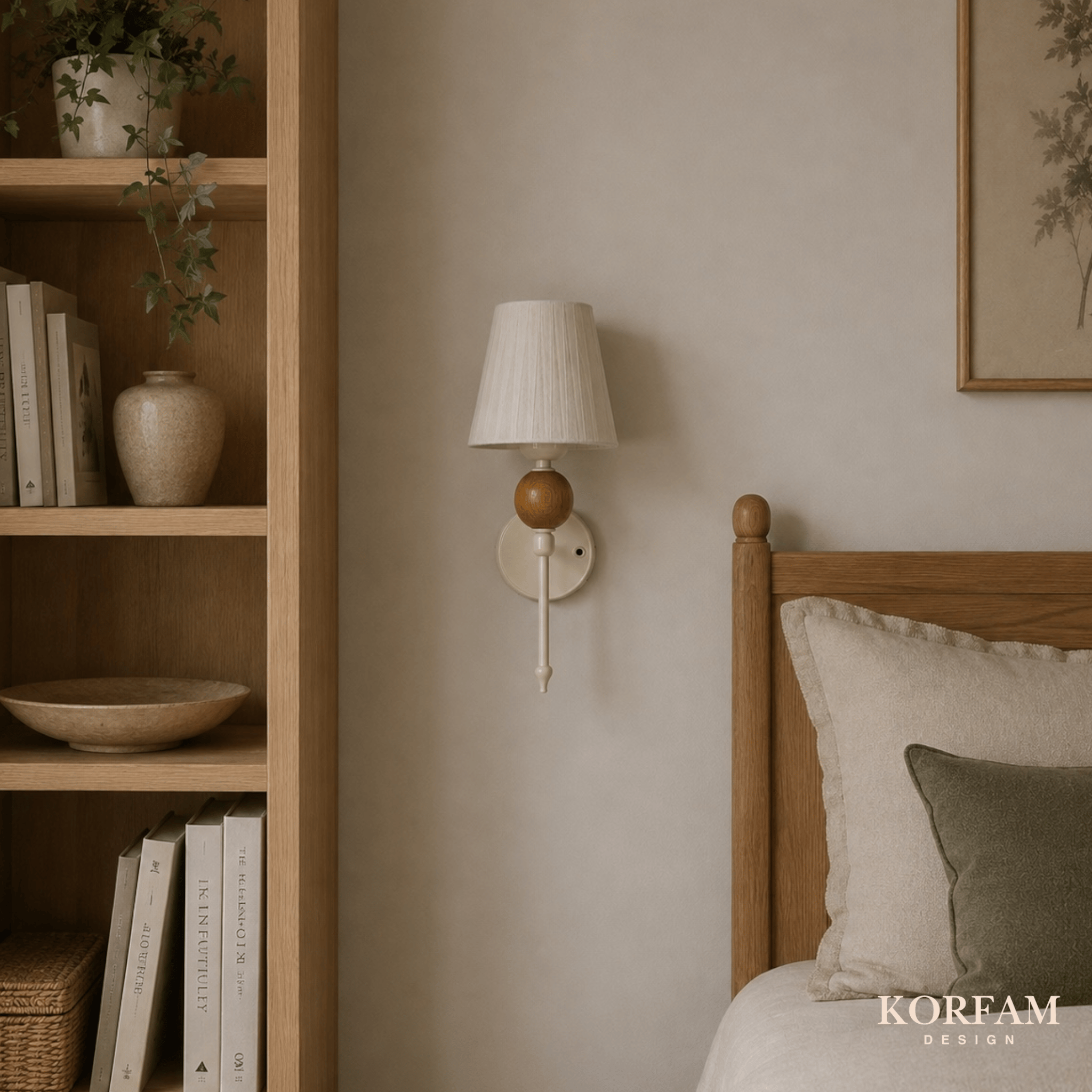 Bordo Keten Şerit Kumaş Başlık Ahşap Top Detaylı Kablosuz Pilli Aplik