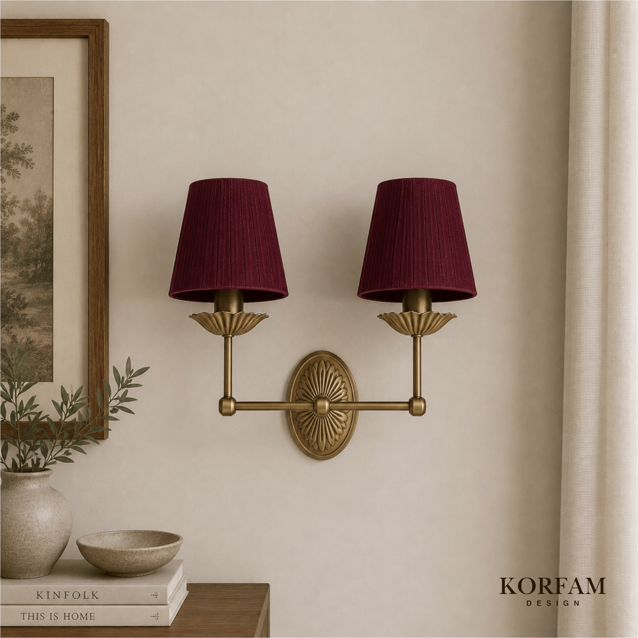 Elektrik Tesisatlı Bordo Keten Kumaş Çift Başlıklı Aplik