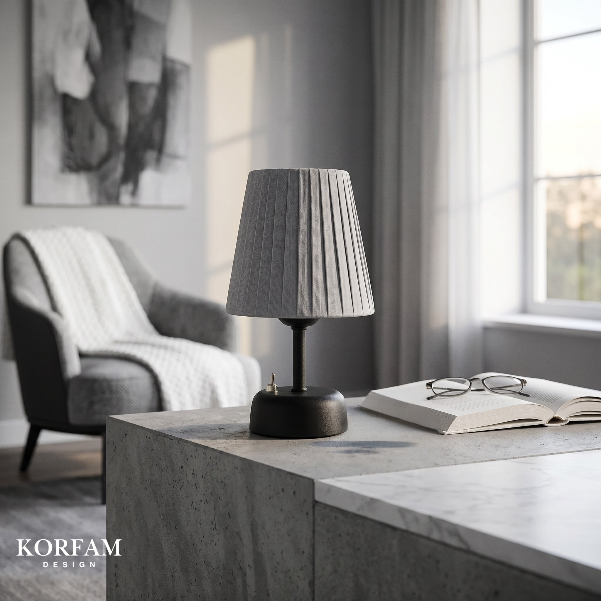 Gri Keten Kumaş Pilli Masa & Gece Lambası
