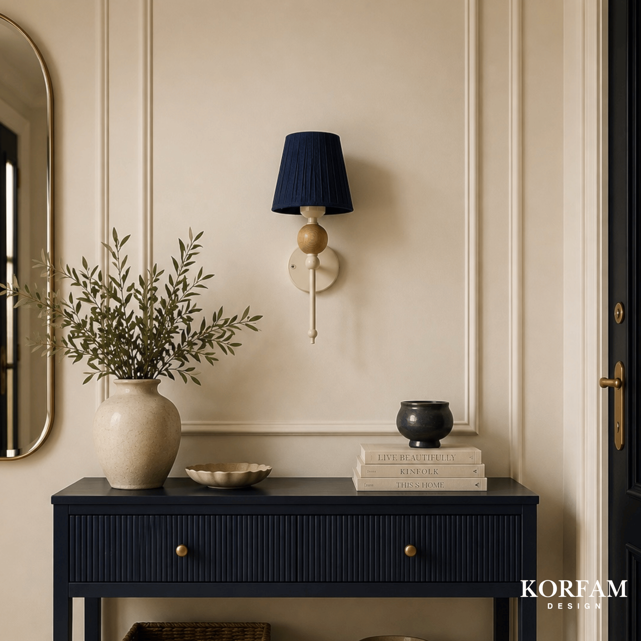 Krem Keten Şerit Kumaş Başlık Ahşap Top Detaylı Kablosuz Pilli Aplik