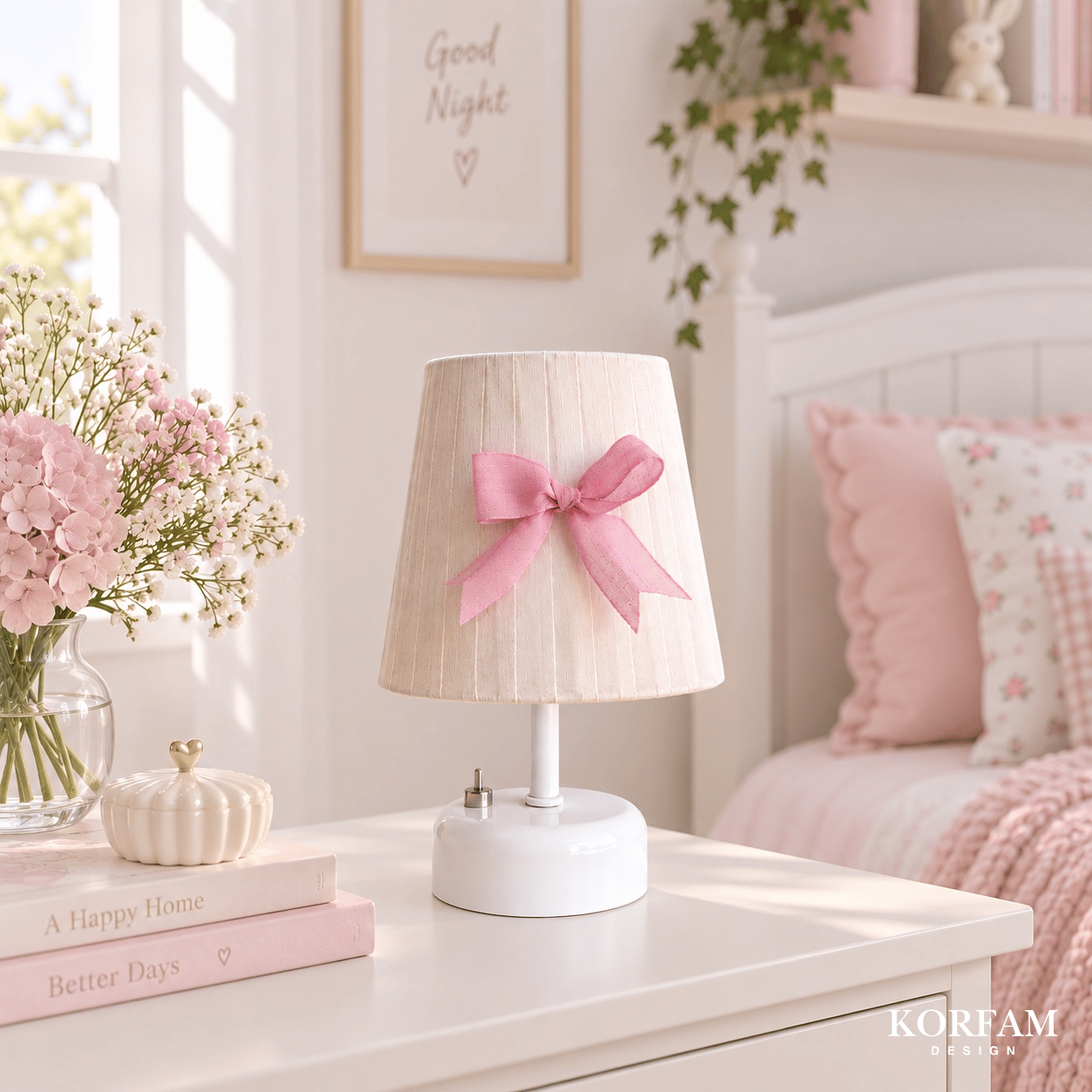 Krem & Pembe Keten Kumaş Kız Çocuk Odası Pilli Masa & Gece Lambası