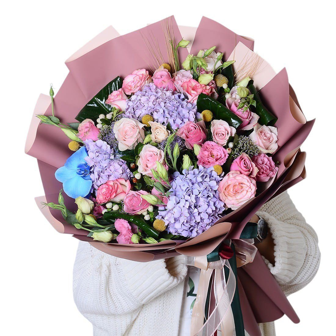 Blue Hydrangeas and Pink Roses