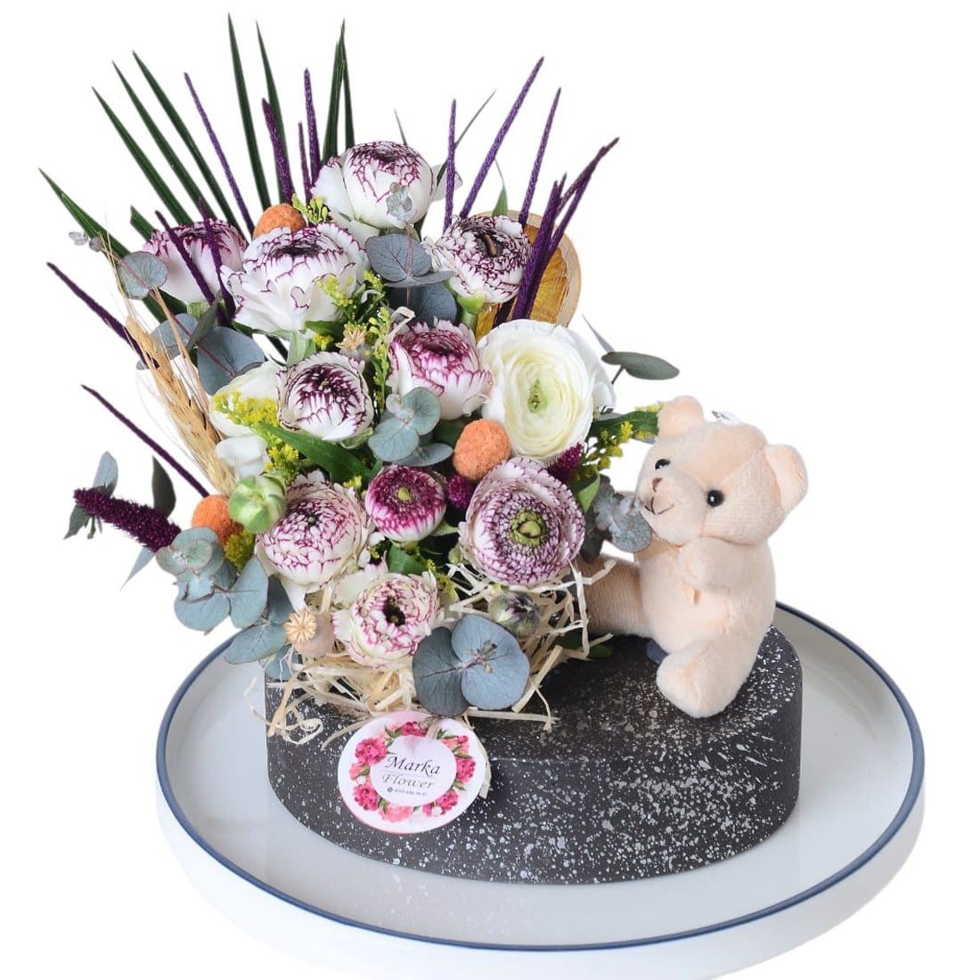 White Eren Roses in a boat-patterned pot