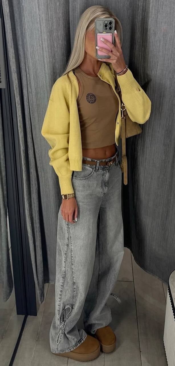 Bağcık Detaylı Yüksek Bel Geniş Paça Gri Denim Pantolon