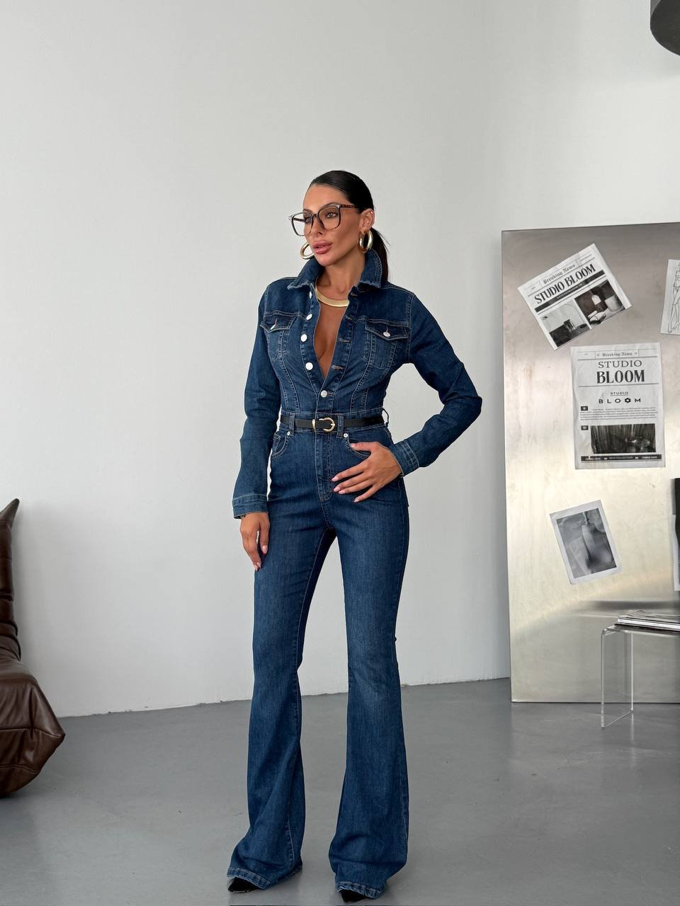 Bel Vurgulu Uzun Kollu Denim Tulum – İspanyol Paça