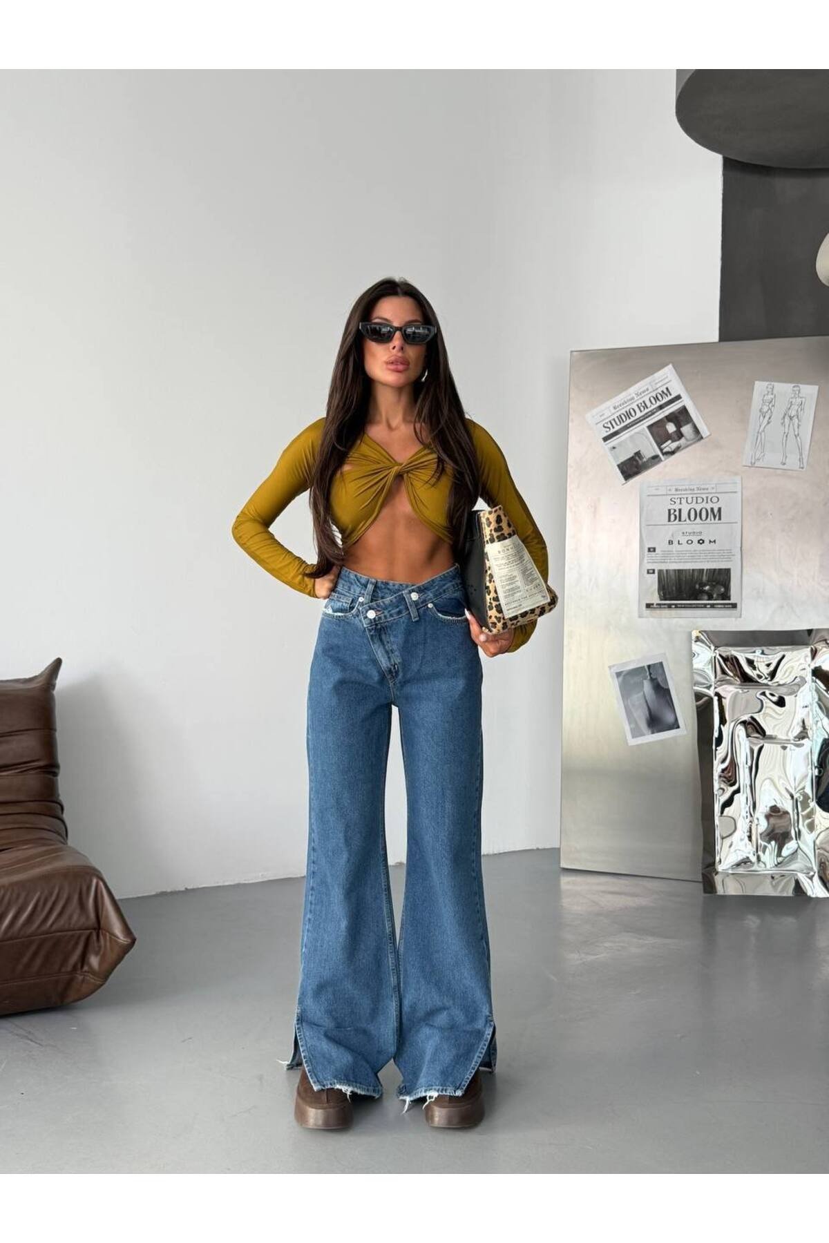 Çift Düğmeli Yüksek Bel Yırtmaç Detaylı Wide Leg Jean Pantolon – Mavi