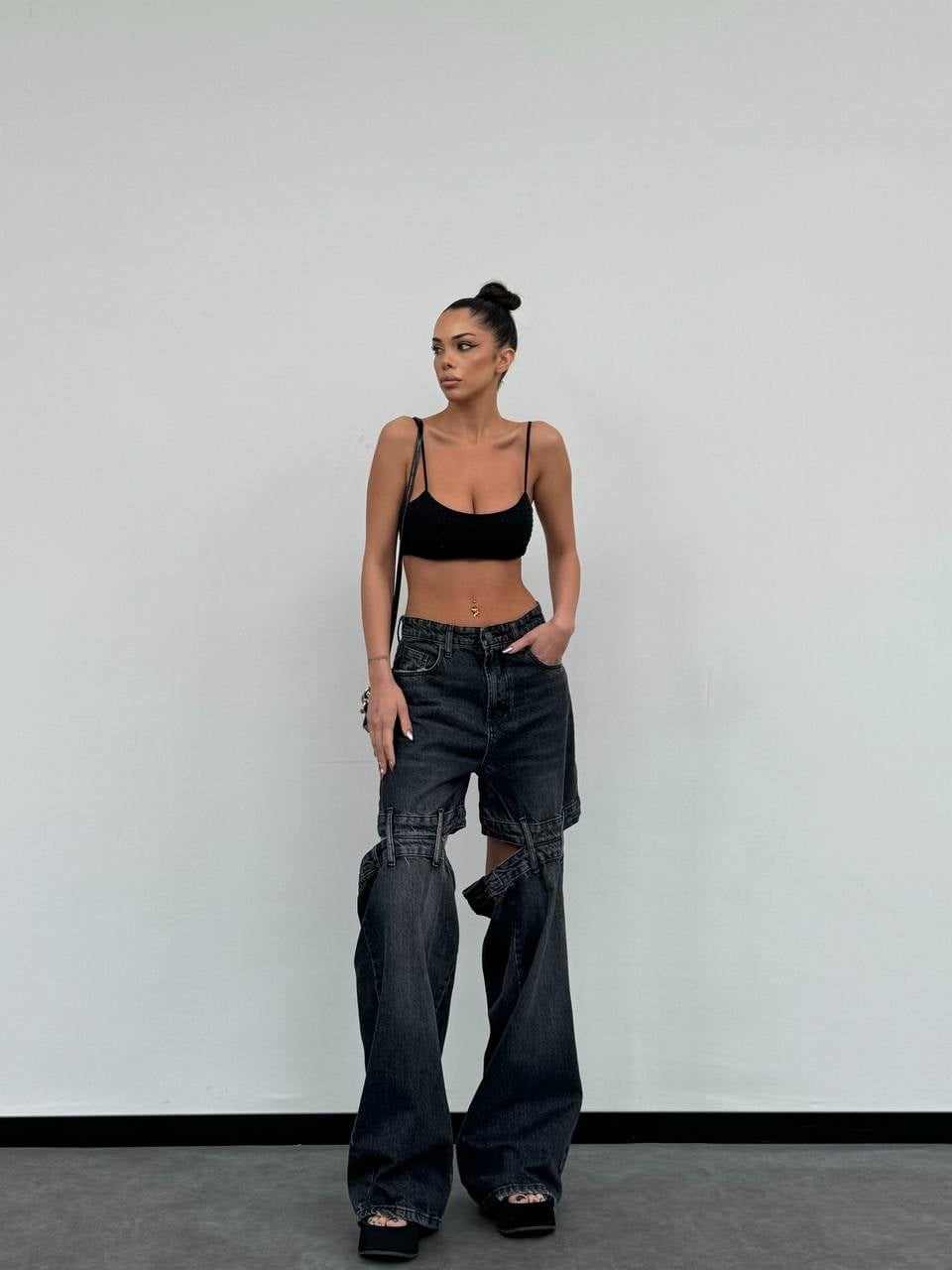 Çift Parçalı Detaylı Wide Leg Jean Pantolon
