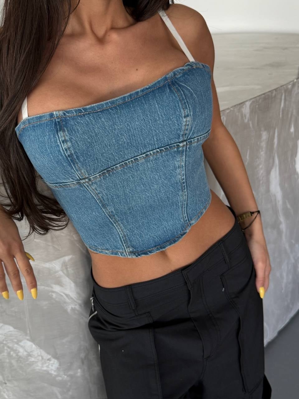 Denim Korsaj Görünümlü Askılı Büstiyer