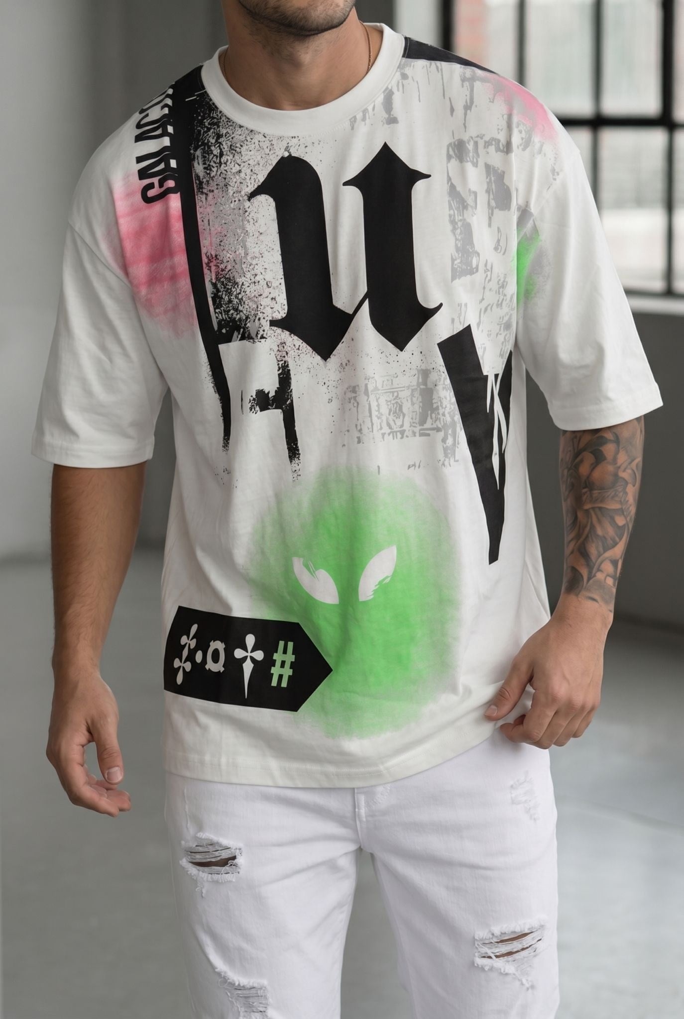 Erkek Oversize Grafik Baskılı Bisiklet Yaka Streetwear Tişört