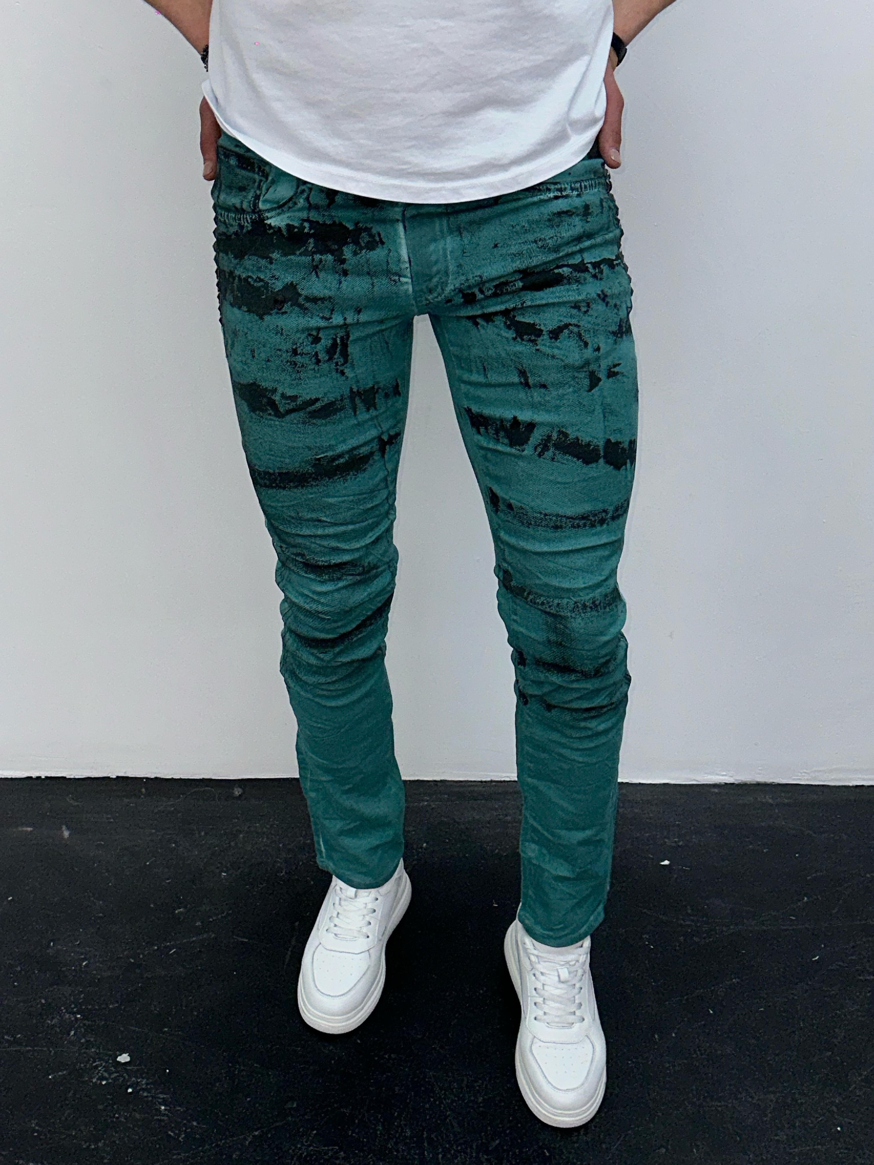 Erkek Yeşil Batik Efektli Slim Fit Likralı Jean Pantolon