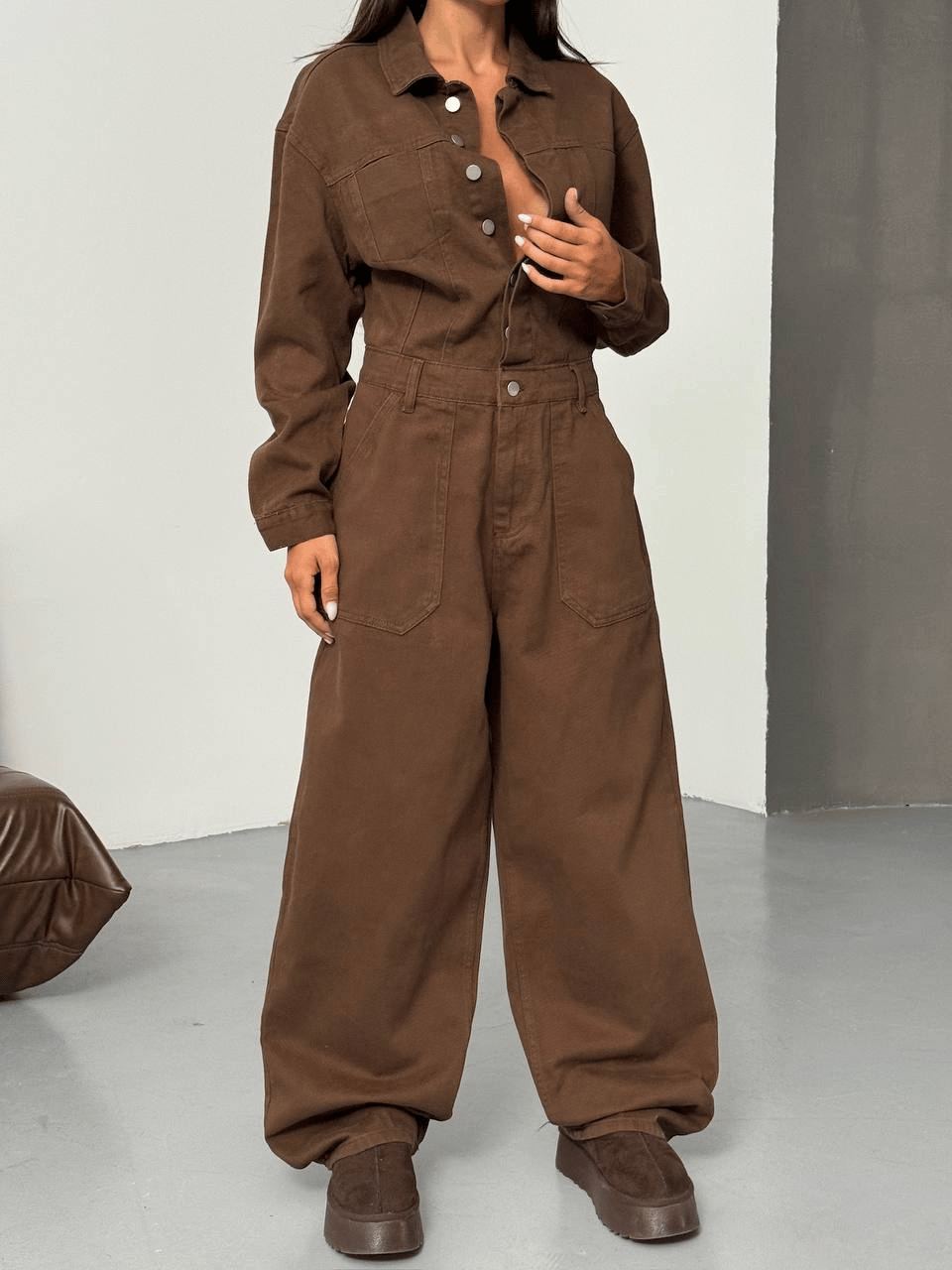 Geniş Paça Kahverengi Tulum (Wide-Leg Jumpsuit)