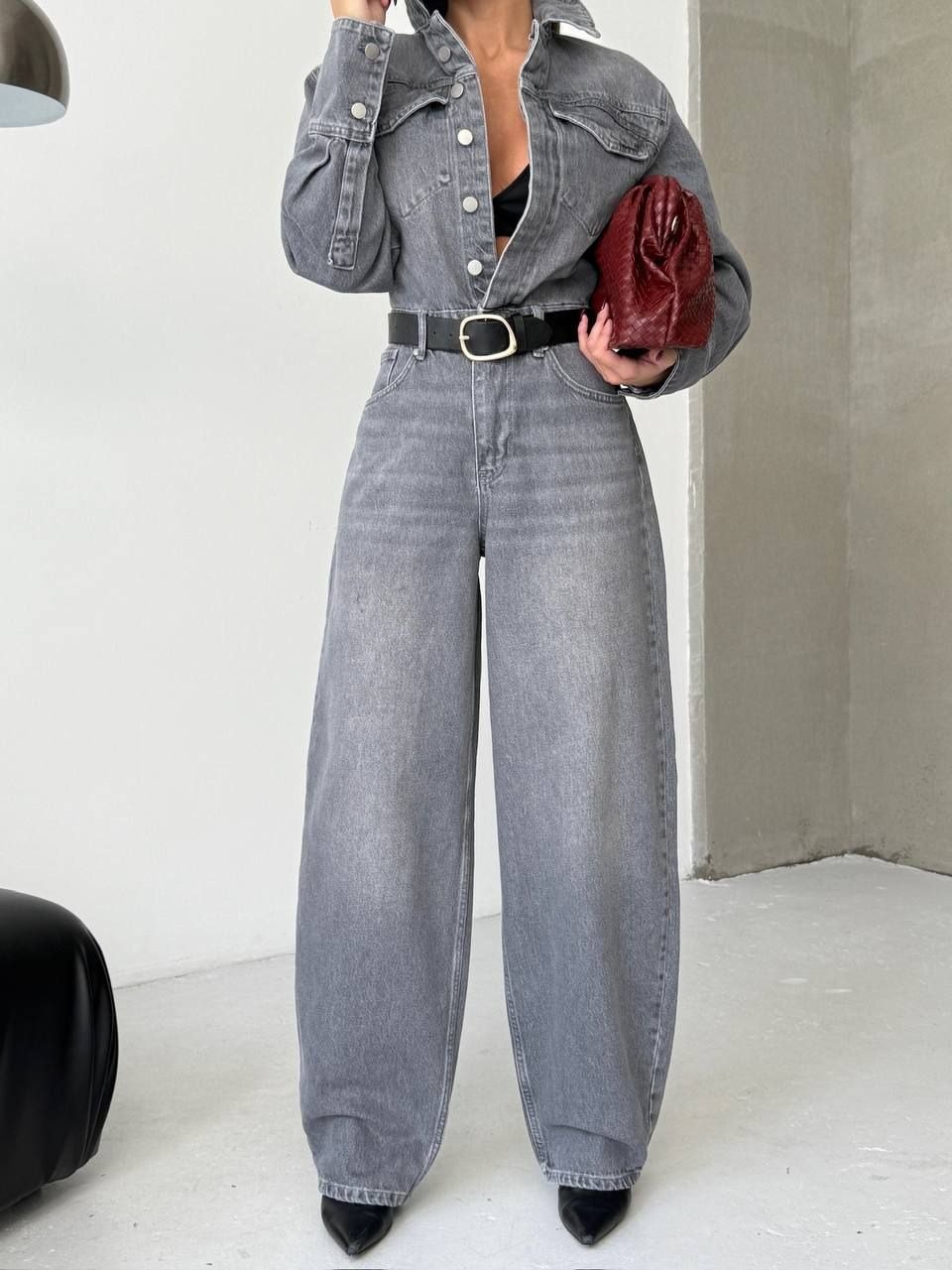 Gri Denim Geniş Paça Tulum