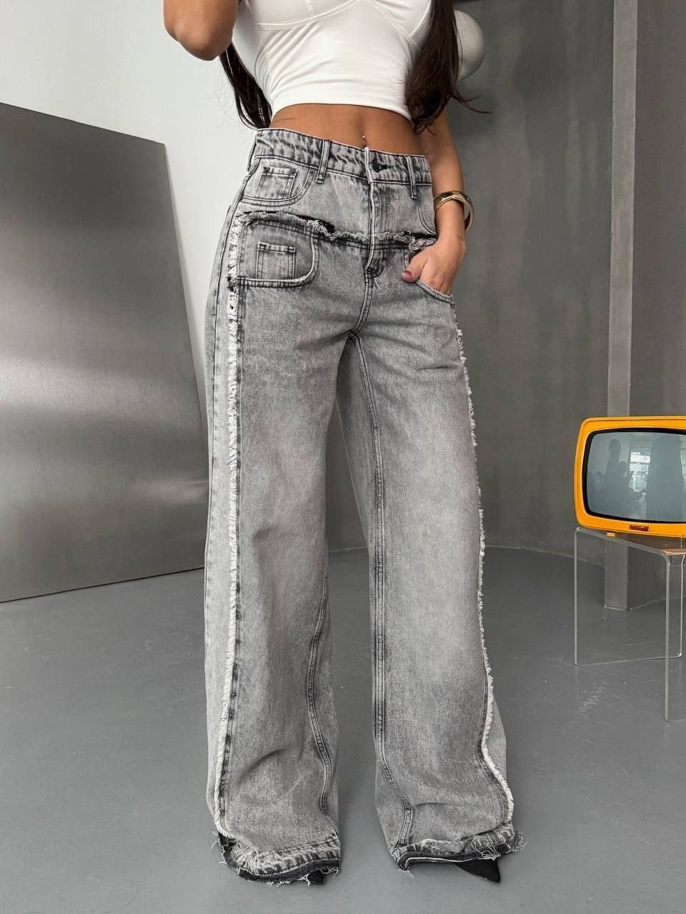 Gri Yıkamalı Yüksek Bel Wide Leg Jean Pantolon Kadın Yan Şerit Detaylı Bol Paça Denim