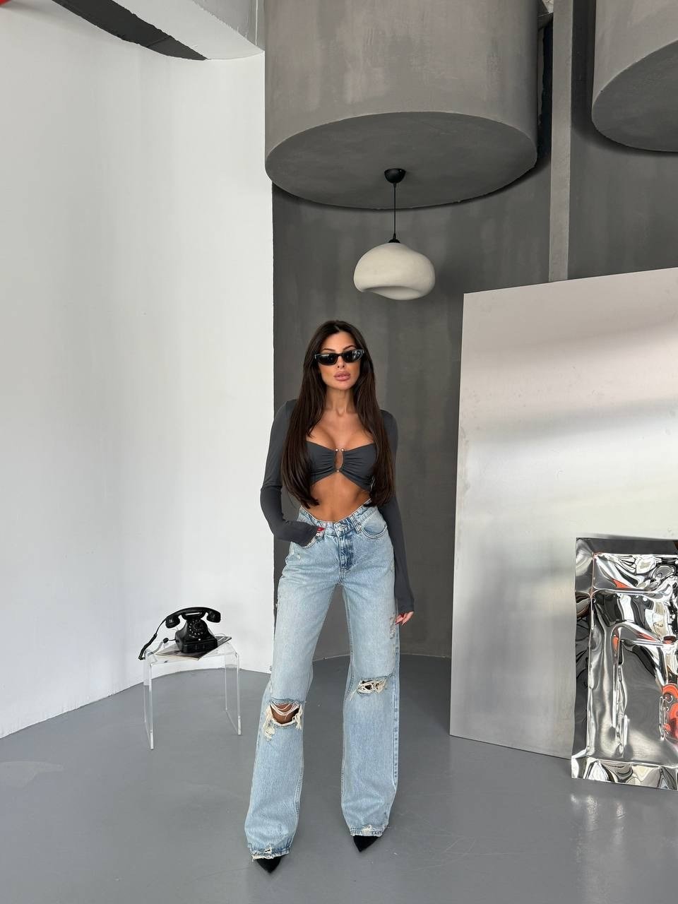 HerTon Kadın Asimetrik Bel Wide Leg Jean - %100 Pamuklu Dizden Yırtık Pantolon