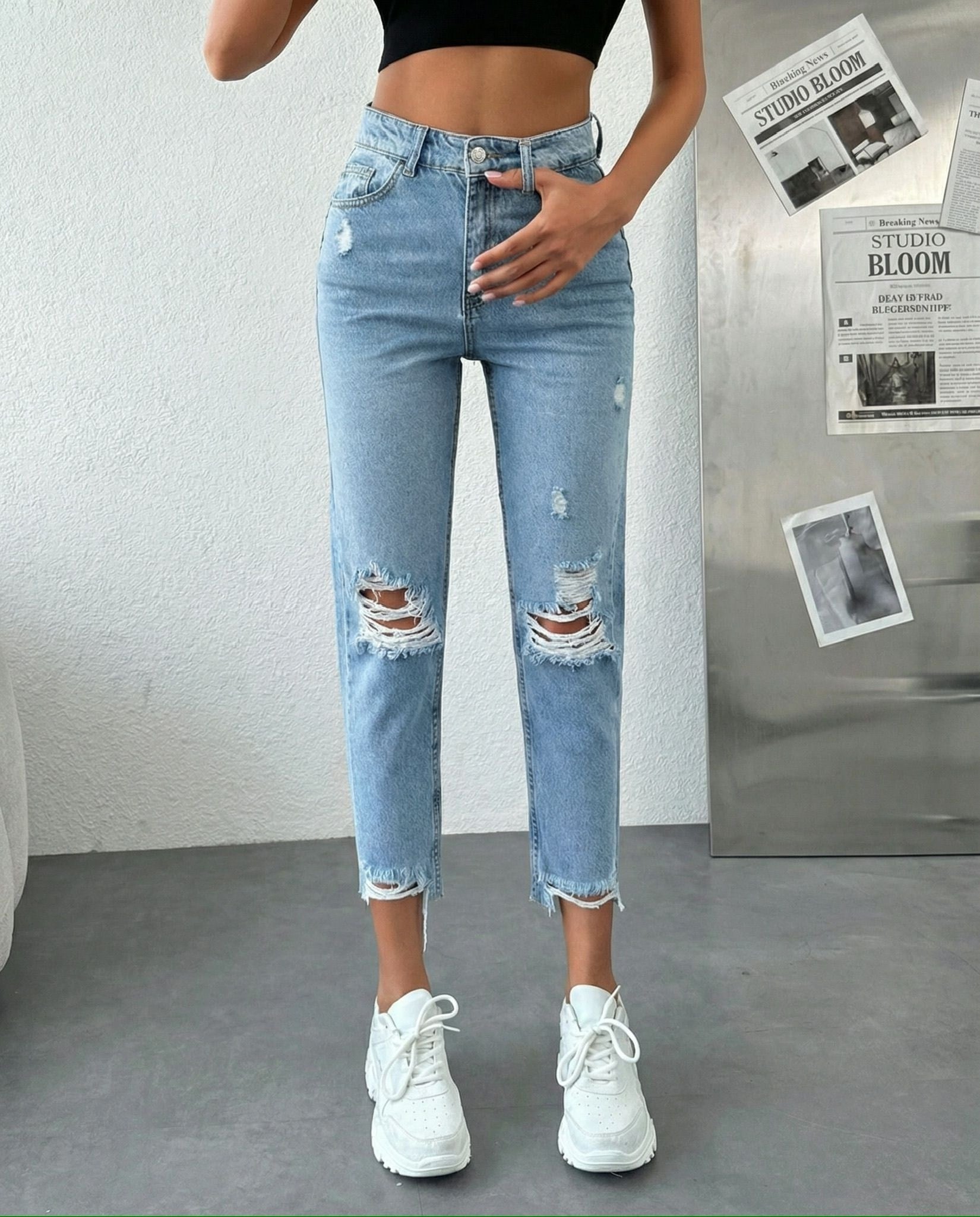 HerTon Kadın  Dizleri Yırtık %100 Pamuk Jean Pantolon - Paçası Kesik Mom Fit Denim