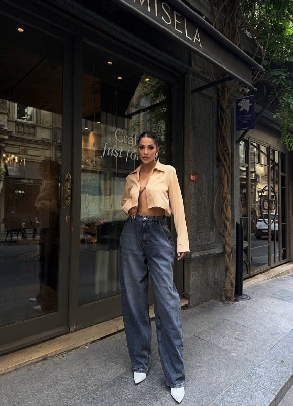 HerTon Kadın Gri Füme Geniş Paça %100 Pamuk Jean Pantolon - Yüksek Bel Salaş Denim