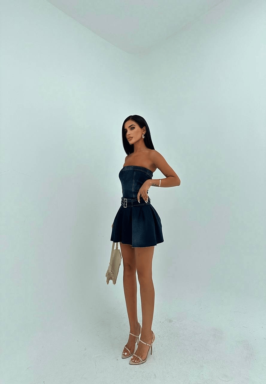HerTon Kadın Koyu Yıkama Kot Elbise - Straplez, Kemerli, Pileli Mini Denim Elbise