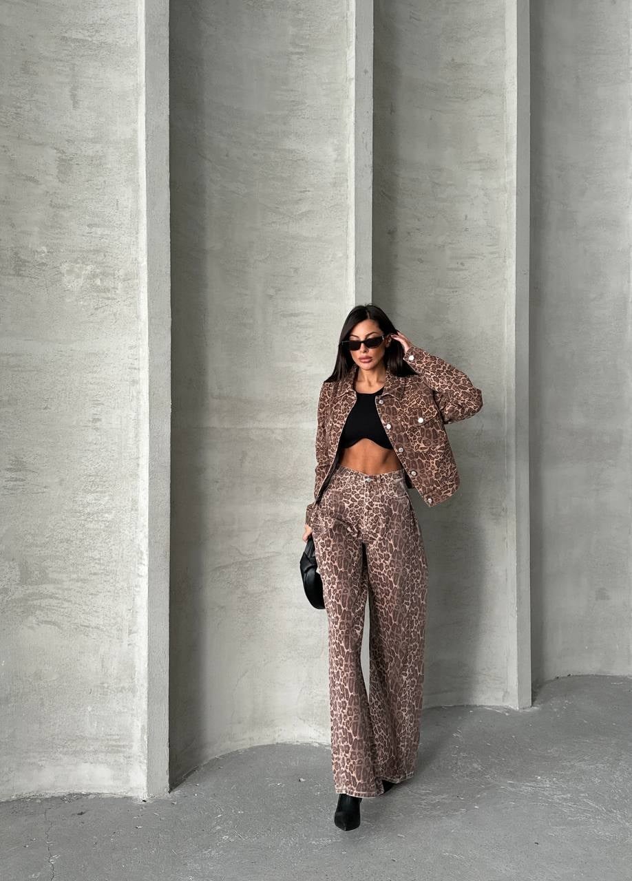 HerTon Kadın Leopar Desenli %100 Pamuk Denim Ceket - Jean Ceket Crop Kesim Jean Ceket
