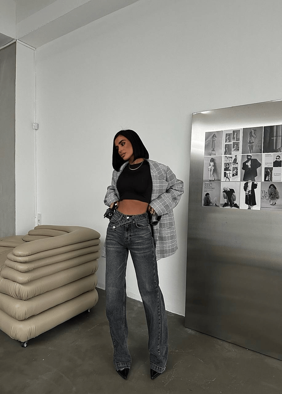 HerTon Kadın Yüksek Bel Asimetrik Çapraz Kemer Wide Leg Jean – Füme %98 Pamuk Bol Paça Pantolon