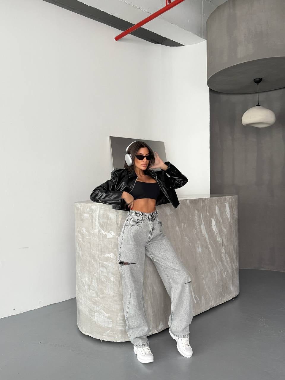 HerTon Kadın Yüksek Bel Gri Yıkamalı Wide Leg Jean Pantolon %100 Pamuk Yırtık Detaylı Oversize Baggy