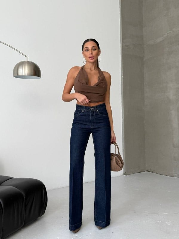 HerTon Yüksek Bel %100 Pamuklu Bol Paça Denim Pantolon - Premium Jean