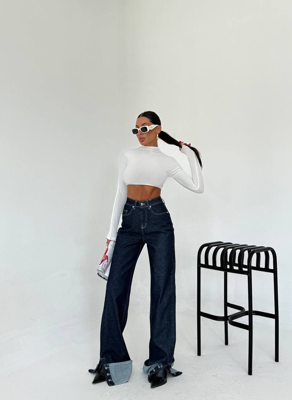 HerTon Yüksek Bel Geniş Paça Jean - Paçası Katlamalı İndigo Denim Pantolon
