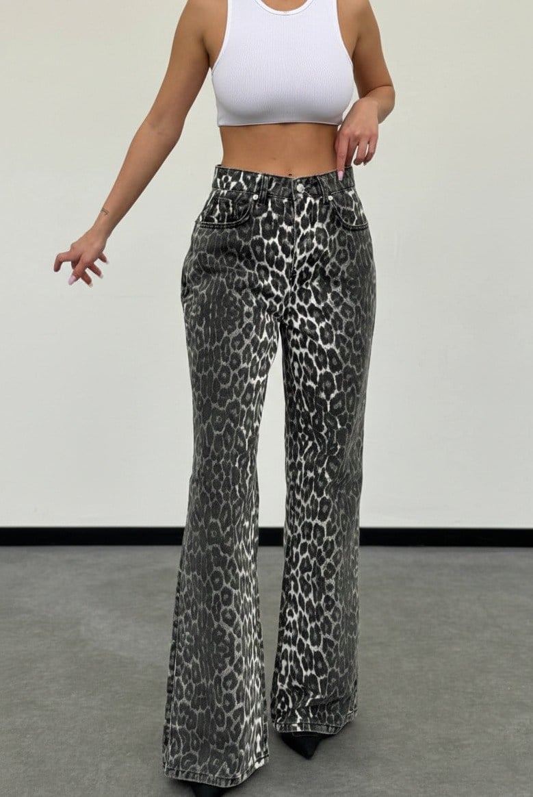 HerTon Yüksek Bel Leopar Desenli Geniş Paça Kadın Pantolon – %100 Pamuk, Trend Flare Jean