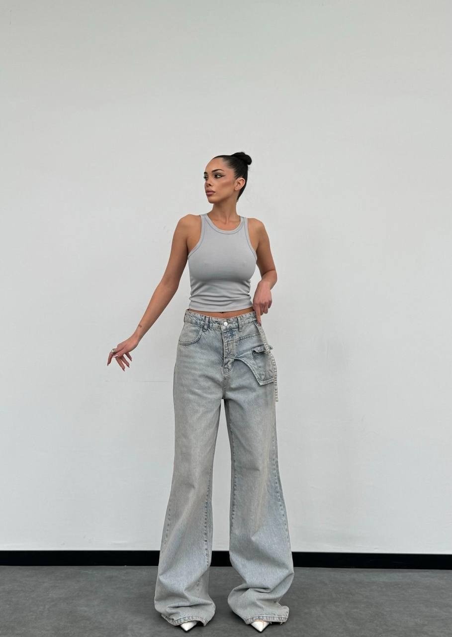 Kadın Asimetrik Cepli Wide Leg Bol Paça Pamuklu Jean Pantolon